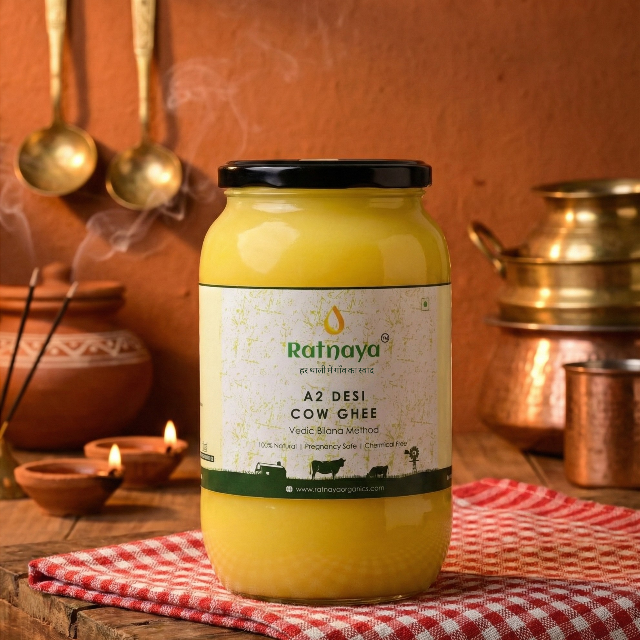 A2 Desi Cow Ghee 1000ml Jar | Bilona-Churned - Ratnaya Organics