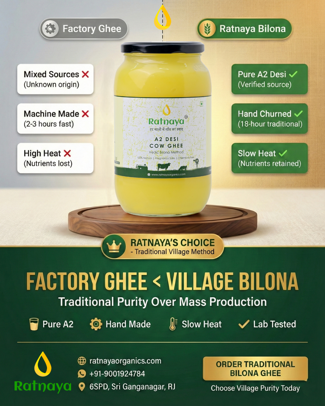 A2 Desi Cow Ghee 1000ml Jar | Bilona-Churned - Ratnaya Organics