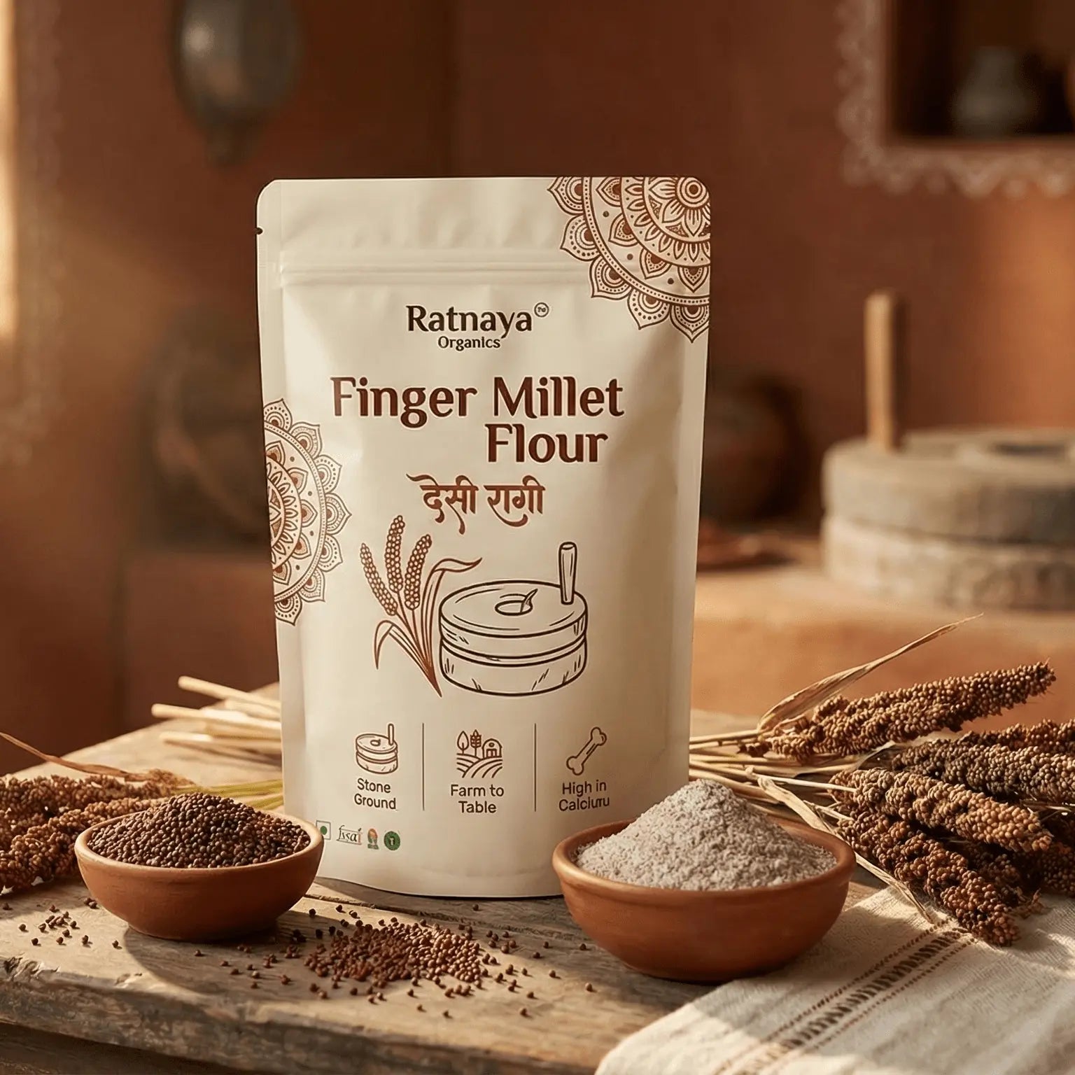 Finger Millet Flour(Desi Ragi) - 1kg Bag - Ratnaya Organics