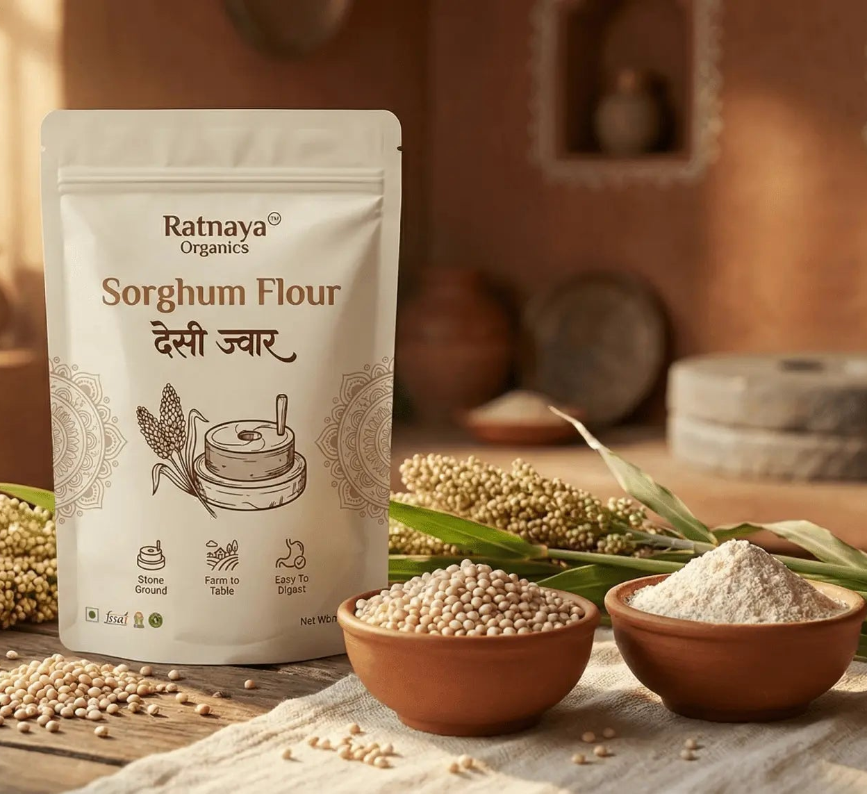 Sorghum Flour (Desi Jowar) - 1kg Bag - Ratnaya Organics
