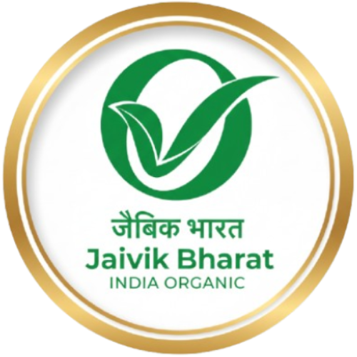 Jaivik Bharat India Organic logo with green leaves and gold border on white background