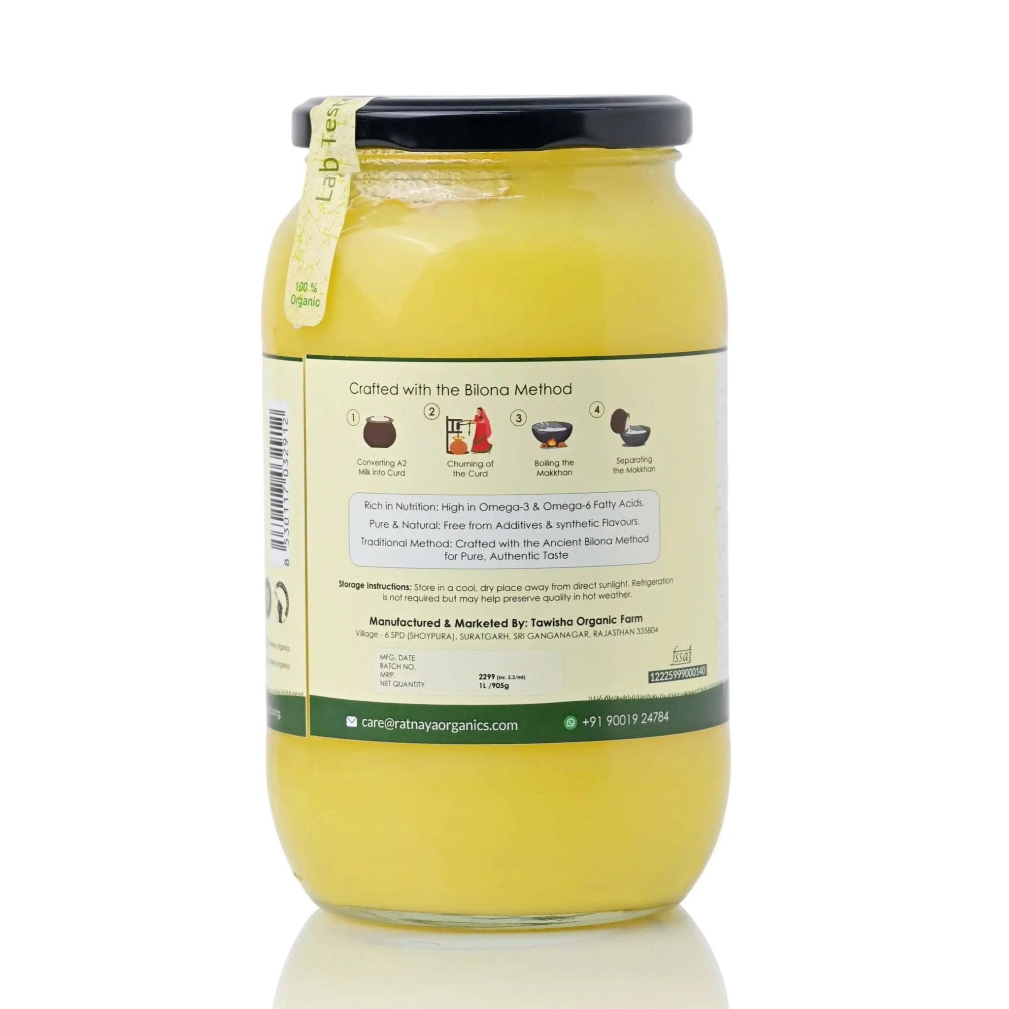 A2 Desi Cow Ghee 1000ml Jar | Bilona-Churned - Ratnaya Organics