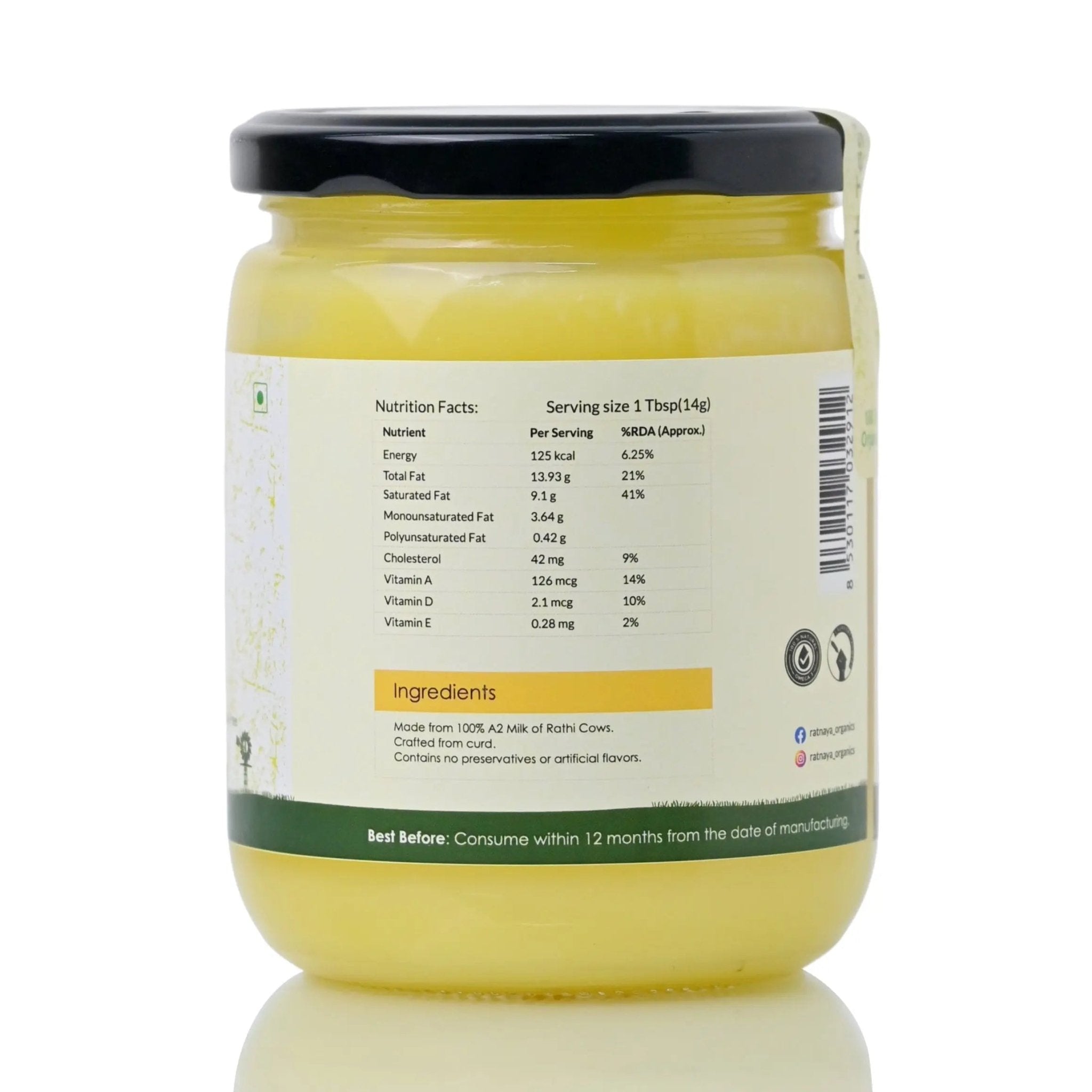 A2 Desi Cow Ghee 500ml Jar | Bilona-Churned - Ratnaya Organics