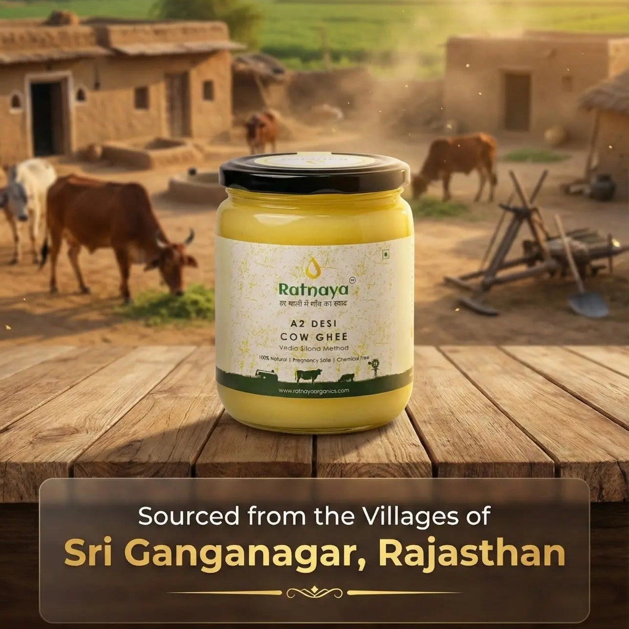 A2 Desi Cow Ghee 500ml Jar | Bilona-Churned - Ratnaya Organics