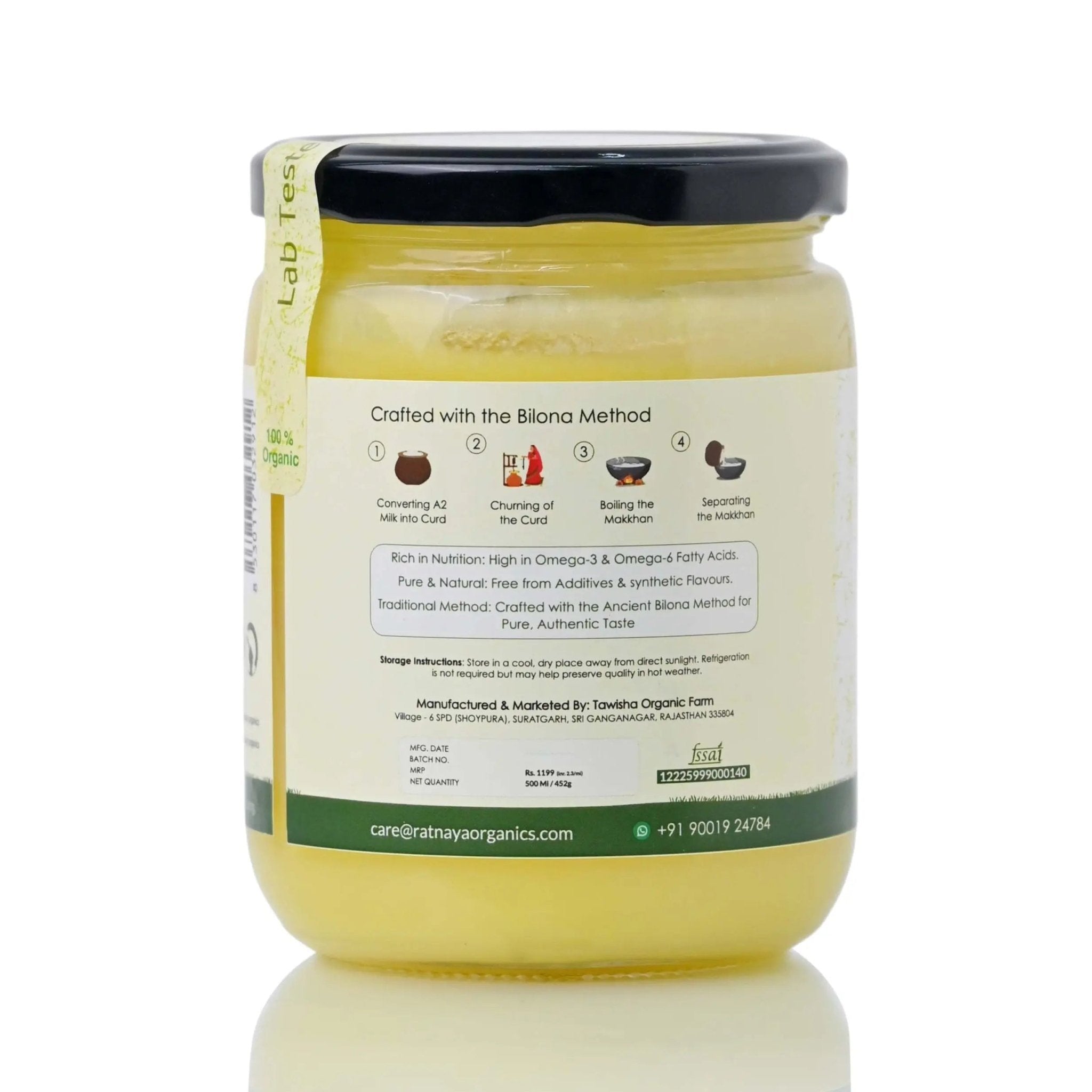 A2 Desi Cow Ghee 500ml Jar | Bilona-Churned - Ratnaya Organics