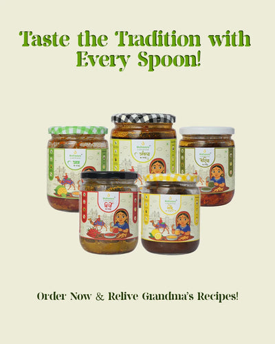 Jars of food with decorative labels on a light beige background, promoting a brand with a call to action.