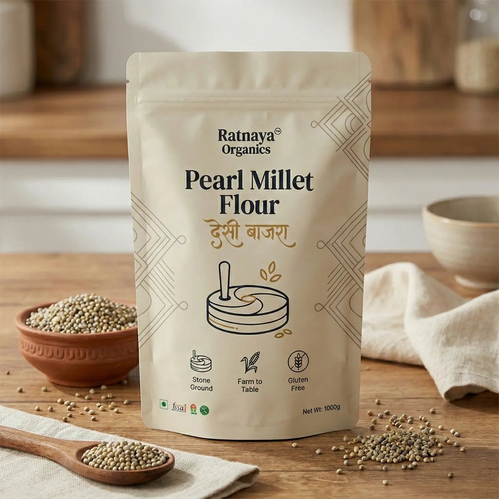 Pearl Millet Flour (Desi Bajri) - 1Kg Bag - Ratnaya Organics