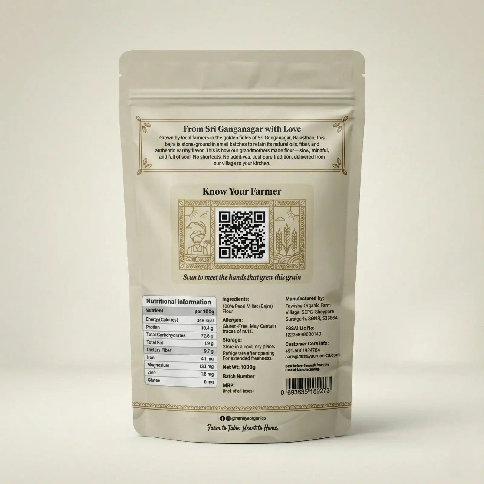 Pearl Millet Flour (Desi Bajri) - 1Kg Bag - Ratnaya Organics