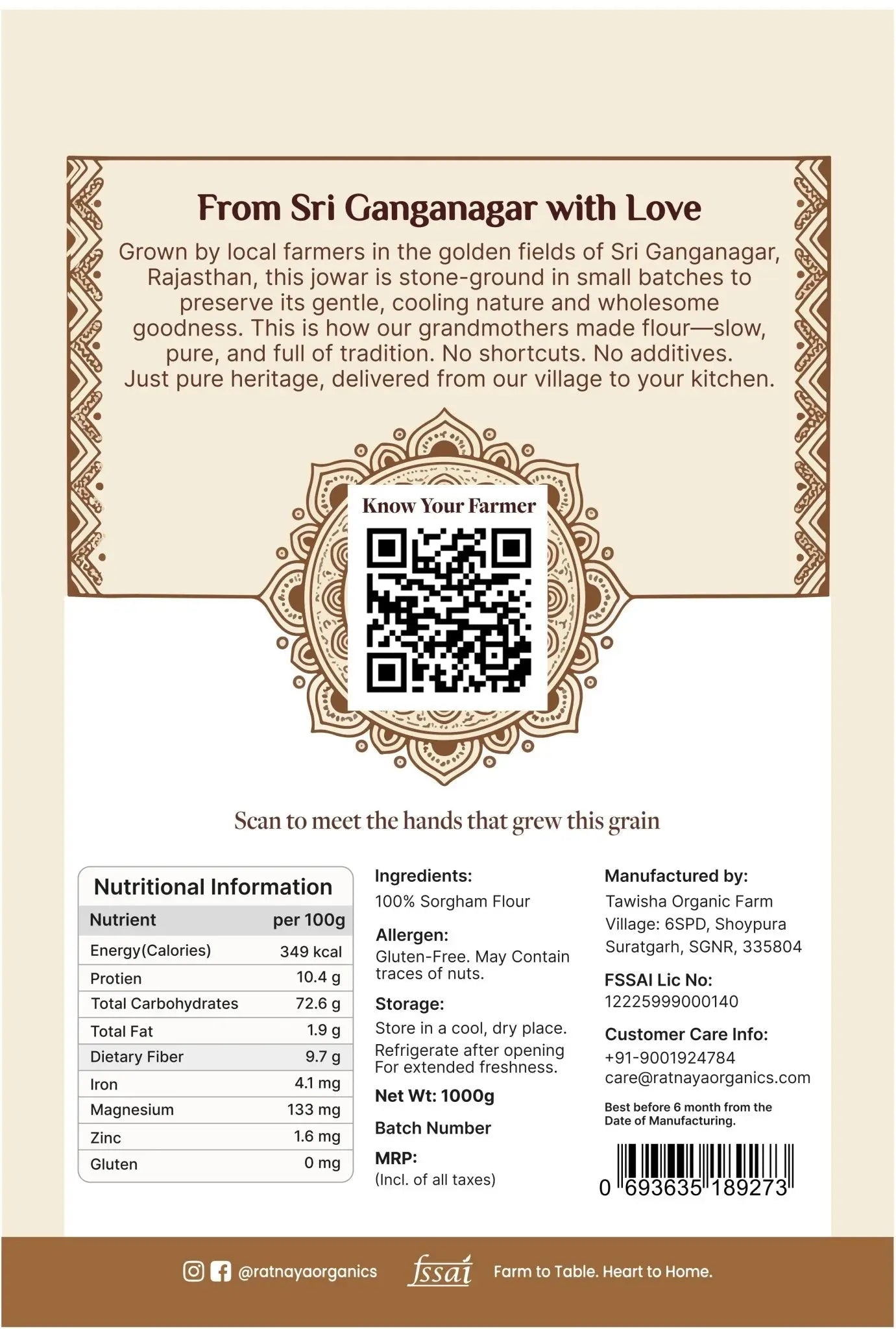 Sorghum Flour (Desi Jowar) - 1kg Bag - Ratnaya Organics