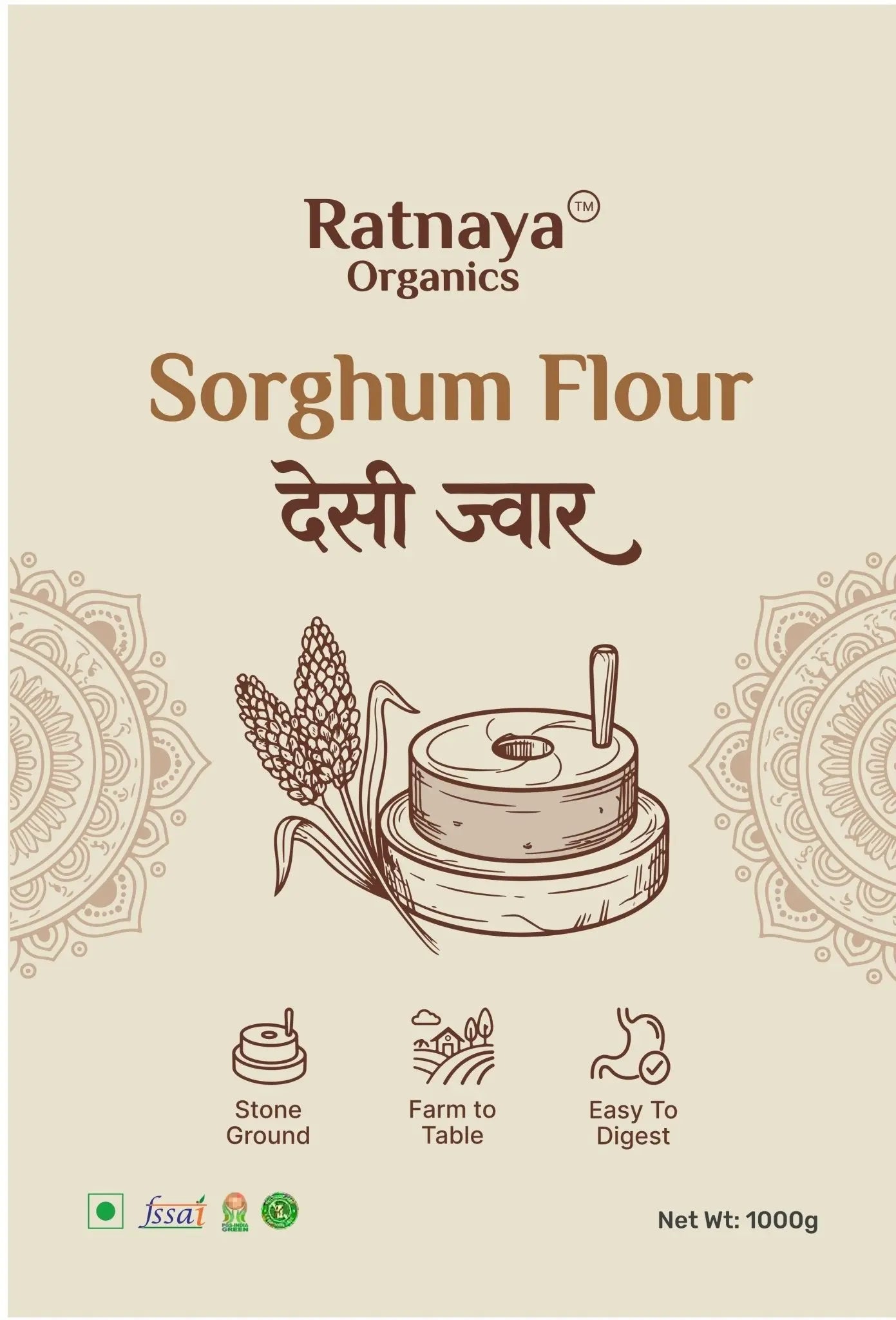 Sorghum Flour (Desi Jowar) - 1kg Bag - Ratnaya Organics